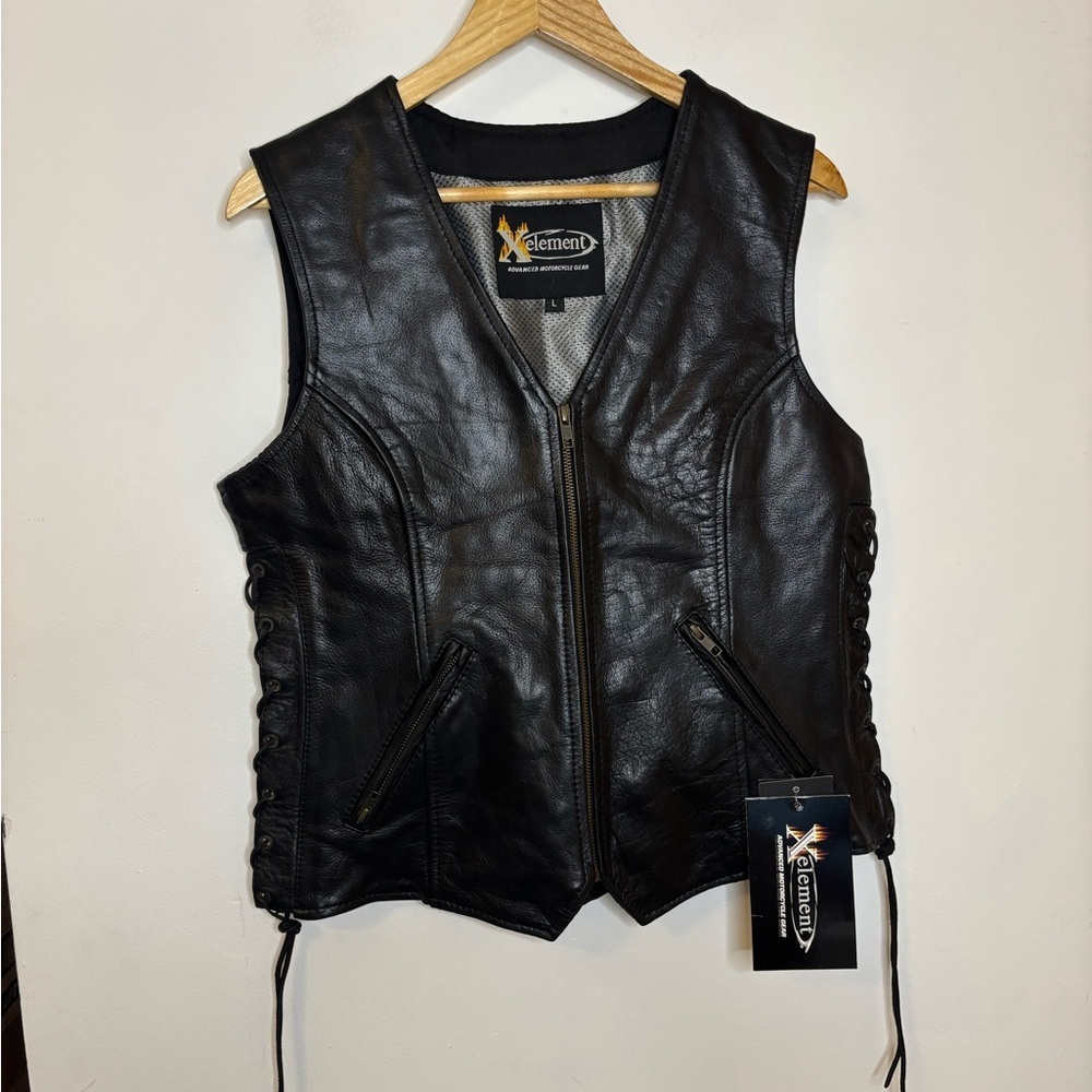 NWT Xelement black leather motorcycle vest side tie